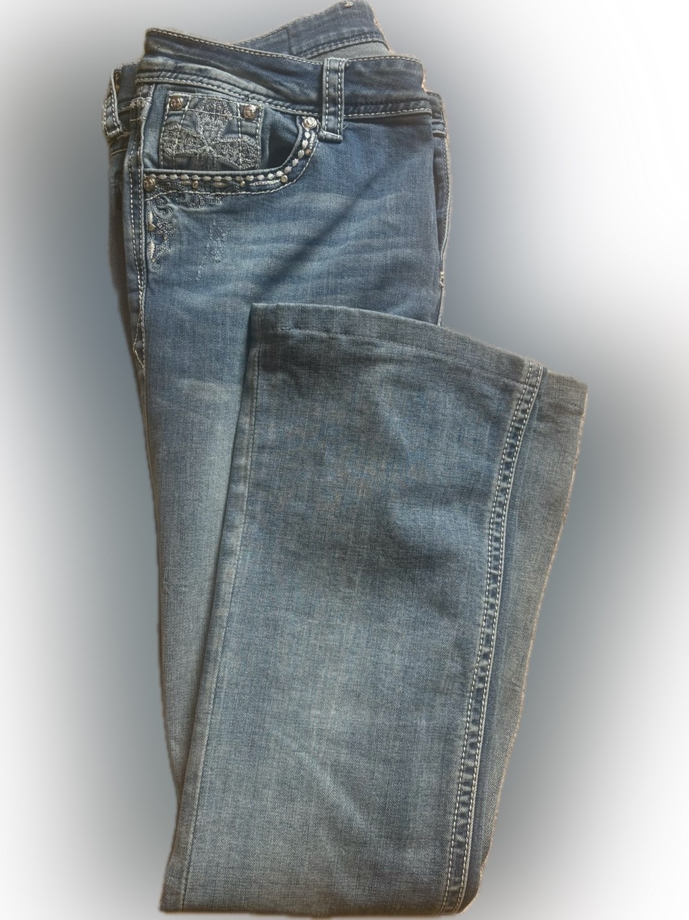 Grace Classic Light Blue Jeans, w/ decorative pockets/ patterns